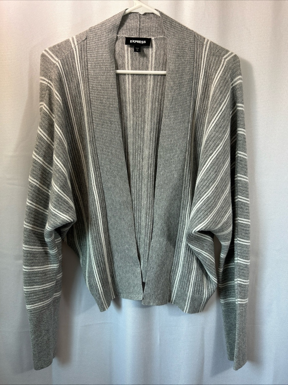 Express Gray and White Striped Open-Front Cardigan